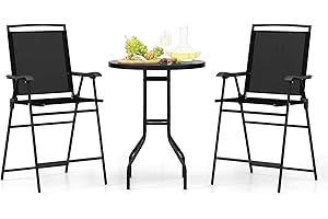 COSTWAY 3 PCS Patio Table and Chairs Set, Bistro Furniture with DPC Tabletop, Umbrella Hole, Outdoor Bar Set with Round Table and 2 Folding Counter Height Chairs for Poolside, Deck, Porch, Black