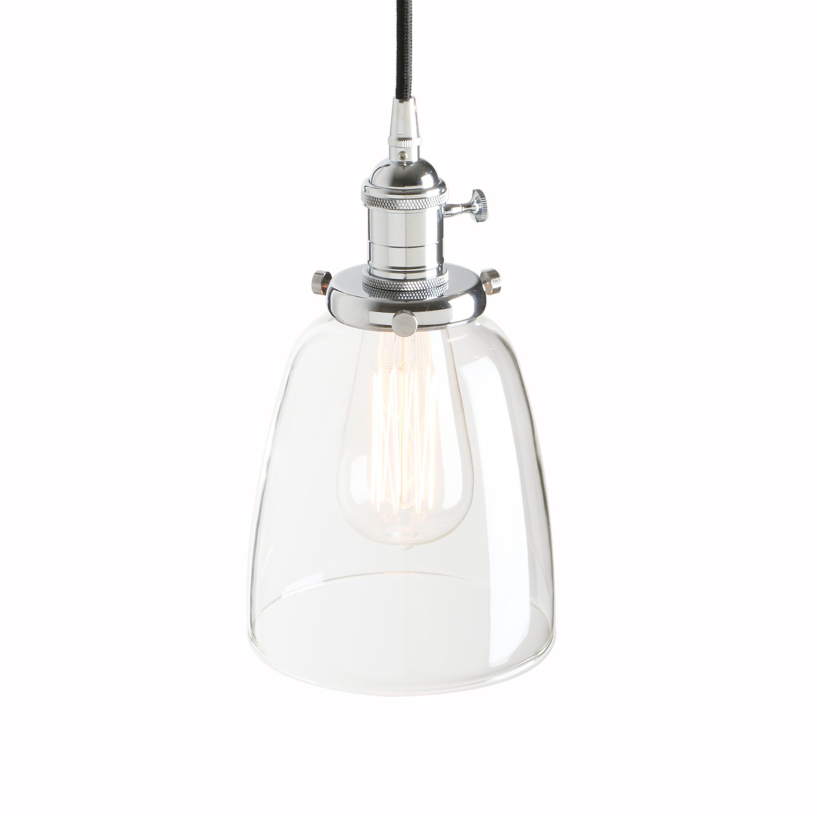 PathsOn Industrial Vintage Modern Edison Hanging Pendant Ceiling Light Fixture Loft Bar Kitchen Chandelier Decorative Lighting with Bell Clear Glass Light Shade E27 (Chrome)