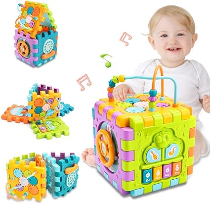 Amazon Com Nicknack Activity Cube Baby Toys 6 In 1 Multi Purpose Learning Cube With Music Activity Center Shape Sorter Toy Gift For 18m Year Old Boy Girl Toddlers Kids Toys Games