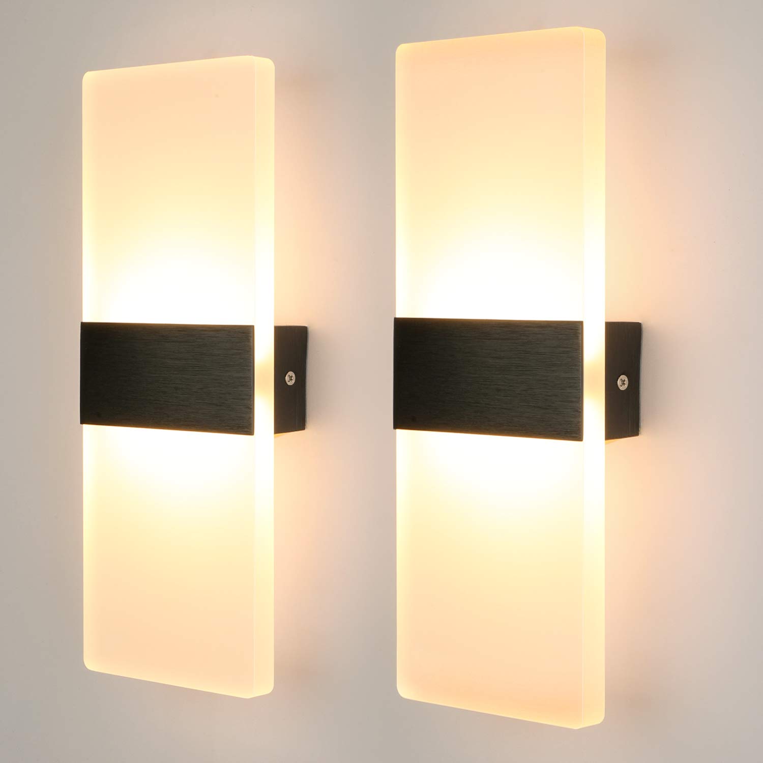 Glighone LED Modern Wall Lights Indoor Wall Lamp 12W, 3000K Hardwired Black Acrylic Wall Sconce Set of 2, Dimmable Wall Lights for Living Room, Bedroom, Kitchen (Warm White)