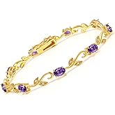Gem Stone King 18K Yellow Gold Plated Silver Amethyst Greek Vine Diamond 7 Inch Tennis Bracelet For Women 3.28 Ct