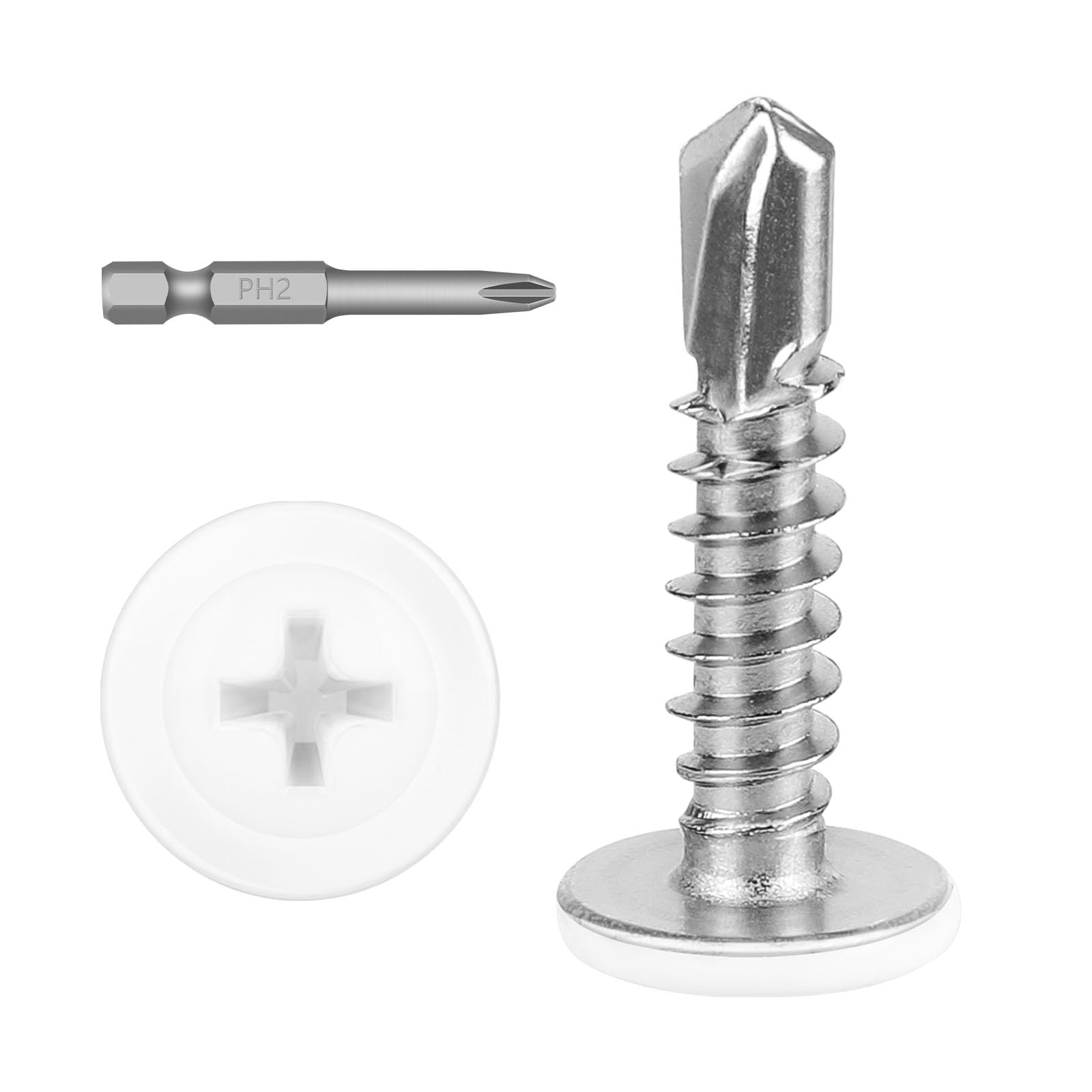 Photo 1 of #8 x 3/4" (100 PCS) White Head Fast Self Tapping Sheet Metal Screws, Modified Truss Head Self Drilling Screw, Full Thread, Screwdriver Bit Included