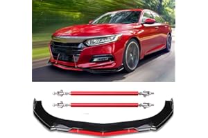 goodfitment Front Bumper Lip Chin Spoiler Splitter Glossy Black W/Red Diffuser Protector Air Dam Body Kit with 2pcs Red Strut Rods Compatible with Most Cars