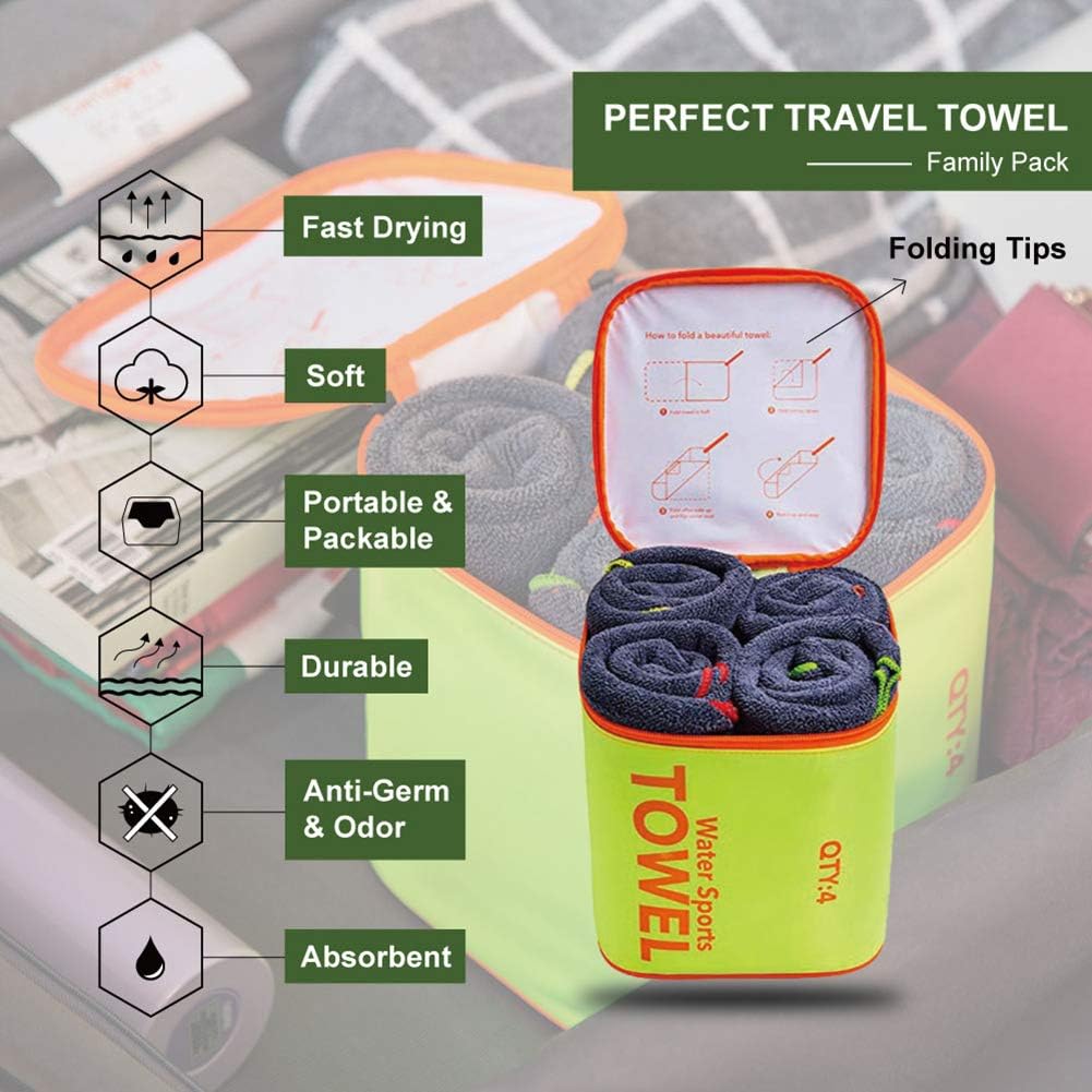 4Monster 4 Pack Microfiber Bath Towel Camping Towel Swimming Towel Sports Towel with Accessory Bag, Quick Dry & Super Absorbent for Travel Gym, Suitable for Adults Kids Family, 24 X 48 Inch: Home & Kitchen
