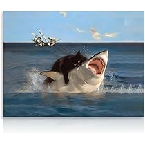 Dazzlewall Funny Cat and Shark Wall Art Print, Quirky Black Cat