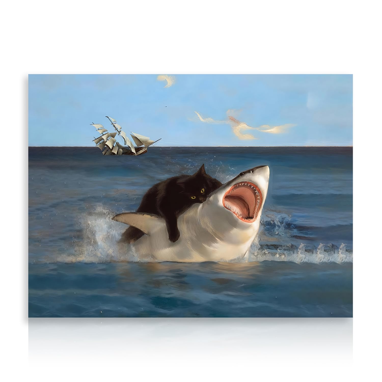 Dazzlewall Funny Cat and Shark Wall Art Print, Quirky Black Cat Biting Shark Painting Picture for Bedroom Bathroom Decor 12x16 in Unframed