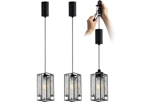 mirrea H-Type Modern Adjustable Track Pendant Lights, Black Rectangular Mini Crystal Lighting for Kitchen Island, Dining Room, Living Room with E26 Socket, Pack of 3