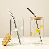 Honeydak 2 Pcs Icon Juice Glass Tumbler with Lid & Straw - 18 oz Cloud and Sun Icon Can Shape Glass Cups Coffee Juice Beer Soda Drinking Cup for Summer Halloween Christmas Party Supplies Gift
