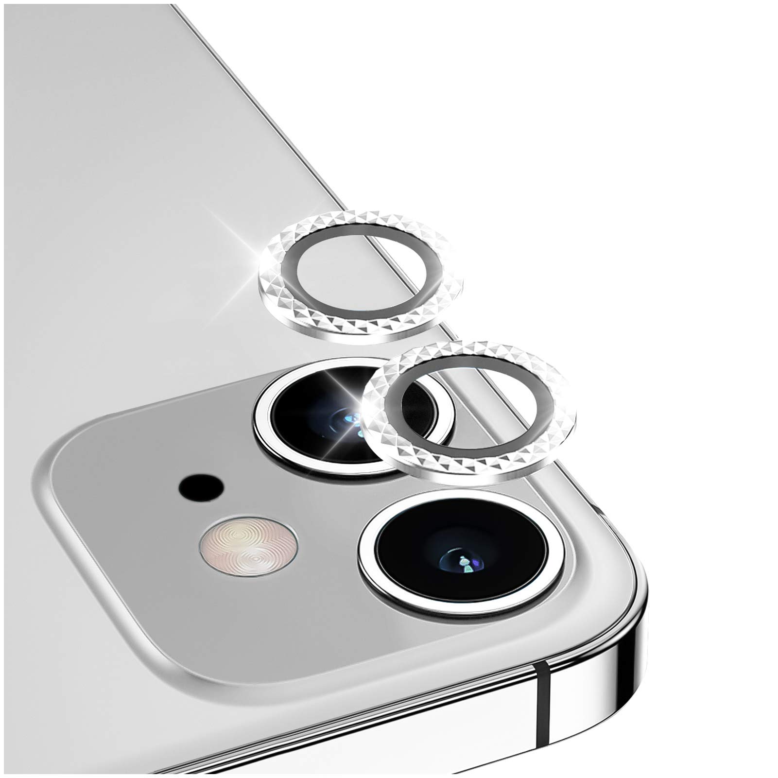 DIKKAR Camera Lens Protector for iPhone 12/12Mini, Anti-Scratch HD Tempered Glass Aluminum Alloy Back Camera Protector Sticker,Easy Installation Metal Ring Circle Lens Screen Cover Film (Sparkling)