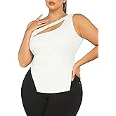 WDIRARA Women's Plus Ribbed One Shoulder Sleeveless Split Asymmetrical Elegant Fitted Top