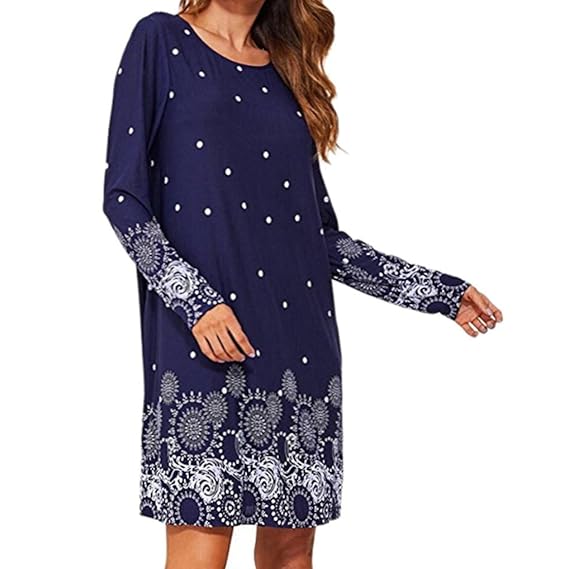 TWIFER Damen Herbst Langarm Kleid Casual Blumendruck O-Ausschnitt A-Linie Kleider