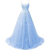 CWOAPO Spaghetti Straps Long Prom Dresses 2025 Ball Gown Lace Appliques Tulle Prom Dress with Pockets Wedding Gowns for Women