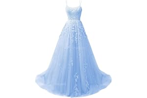 CWOAPO Spaghetti Straps Long Prom Dresses 2025 Ball Gown Lace Appliques Tulle Prom Dress with Pockets Wedding Gowns for Women
