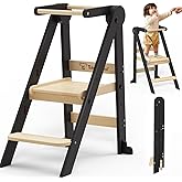 Foldable Toddler Kitchen Stool Helper with 3 Adjustable Heights,Aged 1-6 | CPSC Test,Wooden Collapsible Toddler Tower with Safety Rails&amp;Feet,Wide Pedal,for Kitchen Cooking, Baking or Washing Hands
