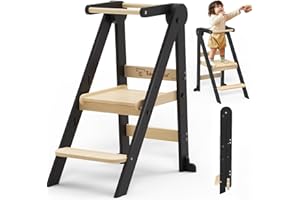 DOERPUZ Foldable Toddler Kitchen Stool Helper, Toddler Standing Tower with 3 Adjustable Heights, Collapsible Wooden Step Stool for Kitchen & Bathroom, Montessori Learning Helper Tower for Toddlers Aged 1-6