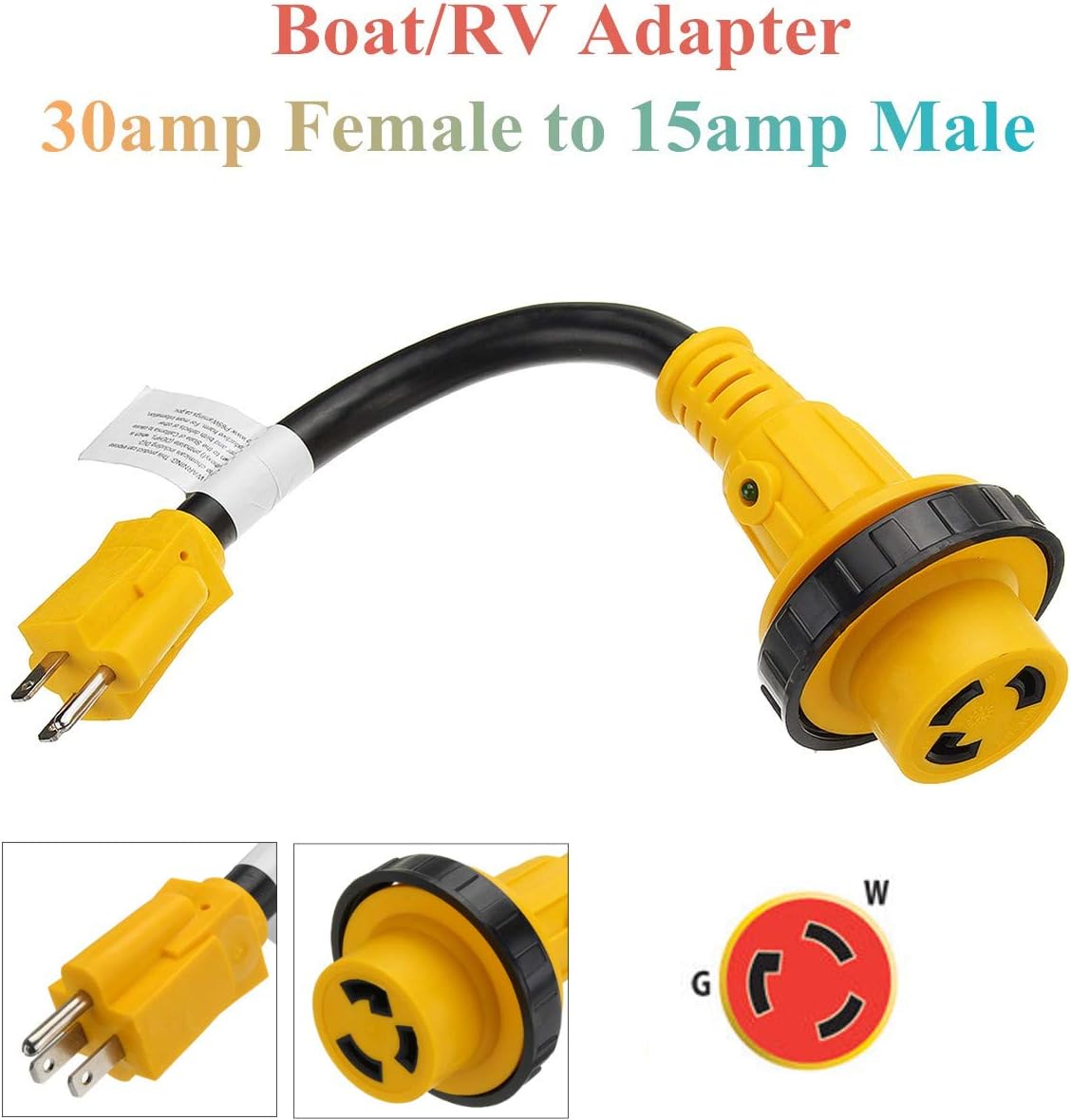 Aircus Marine 30amp Female to 15amp Male 125V Shore Power Pigtail RV