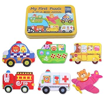 Hnt kids Premium Wooden Puzzle Games 6-in-A-Box! My First Animal Puzzle Set of Animal / Metal Box, Lager Puzzle for Kids