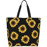 bositigo Funny Sunflower Theme Grocery Large Tote Bag for Women, Yellow Floral Print Shoulder Reusable Beach Shopping Handbags Casual Travel Polyester Sunflower Gifts for Teacher Mother