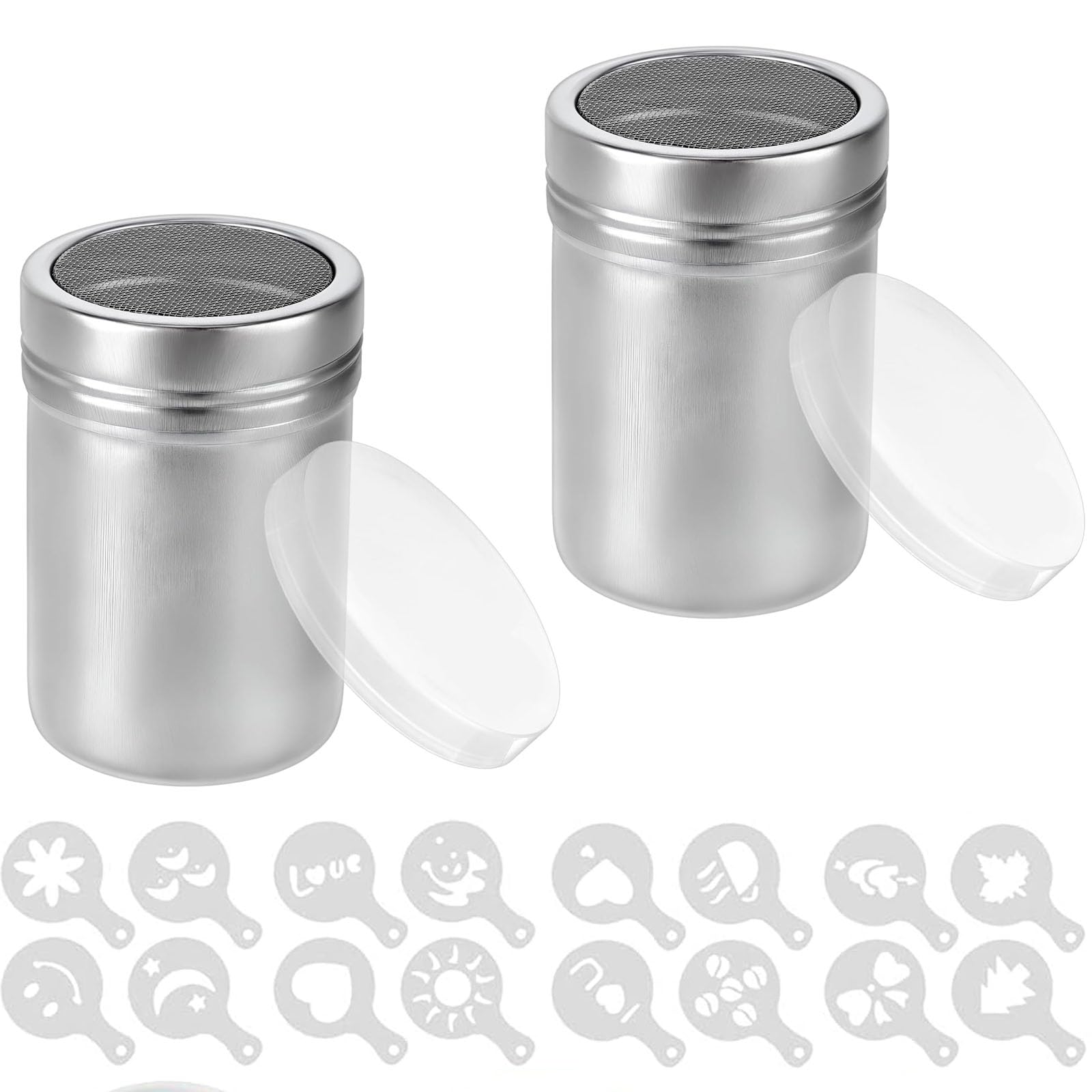 2Pcs Flour Shaker, Icing Sugar Shaker Powder Shaker, Chocolate Shaker, Powder Shaker with Handle and Lid, Equipped with 16 Coffee Stencils Suitable for Kitchen Crafts and Cake Decoration