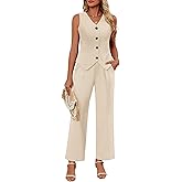 Ficerd Women's 2 Piece Outfits, Sleeveless Cotton Suit Vest and Wide Leg Pant Summer Business Casual Button V Neck Blazer Set