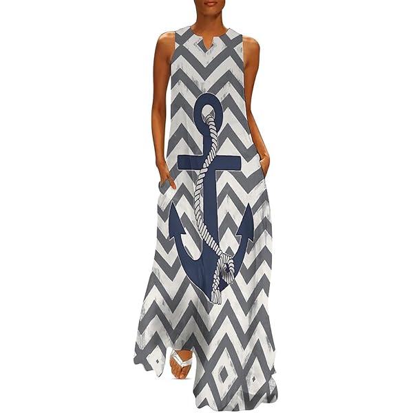 Navy Blue Nautical Anchor Women's Short Sleeve Round Neck Casual Flowy Maxi  Dress XS at Amazon Women's Clothing store