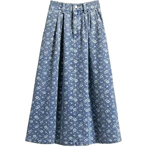 chouyatou Women's Vintage Floral Print Denim Skirt High Elastic Waist A Line Pleated Midi Long Jean Skirt with Pockets