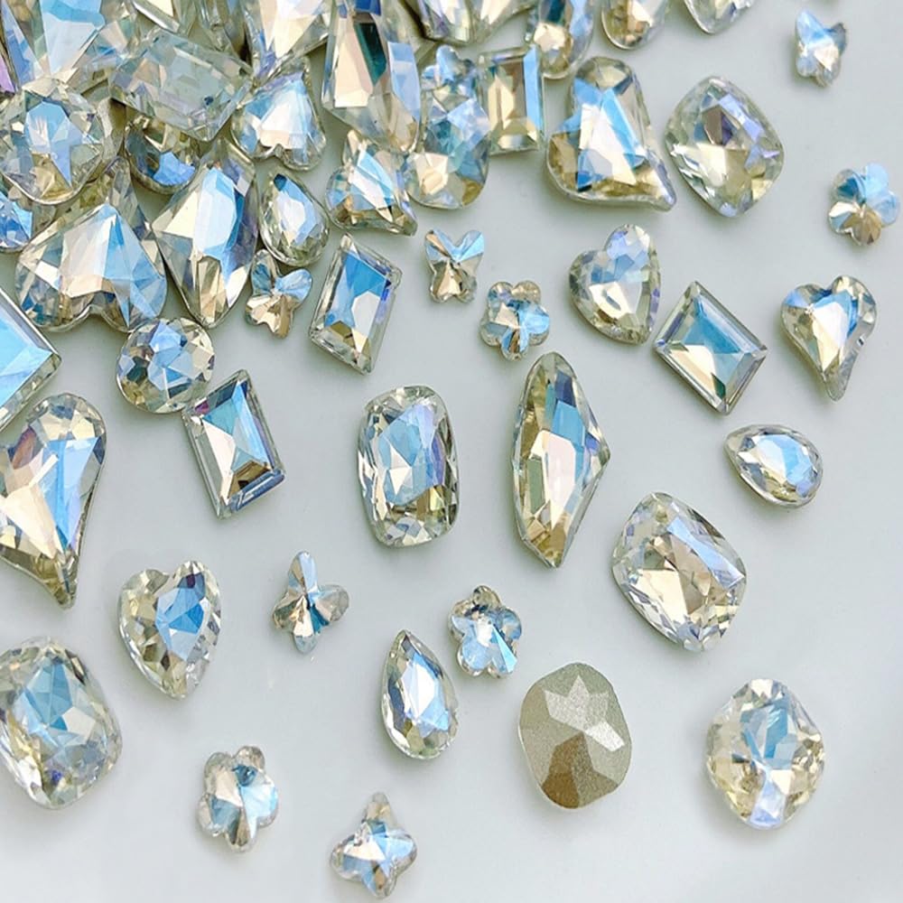 Photo 1 of 48 Pcs Big Mix Sizes Different Shape Nail Rhinestones 12 Styles 3D Glass Crystals Diamonds Love Distorts Heart Super Shiny Charms Gems Stones DIY Nail Art Decoration Craft Jewelry (Sparkle White)