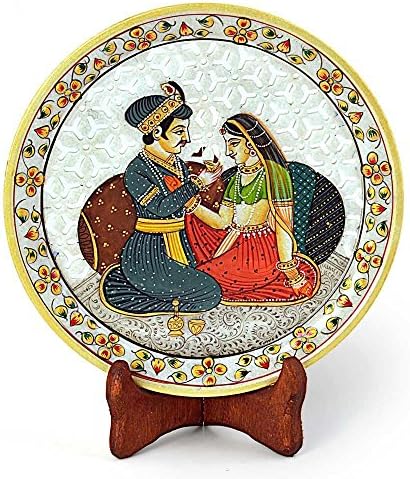 Indian Gift Emporium Akbar Jodha Gold Meenakari Marble Made Decorative Plate Painting HCF398