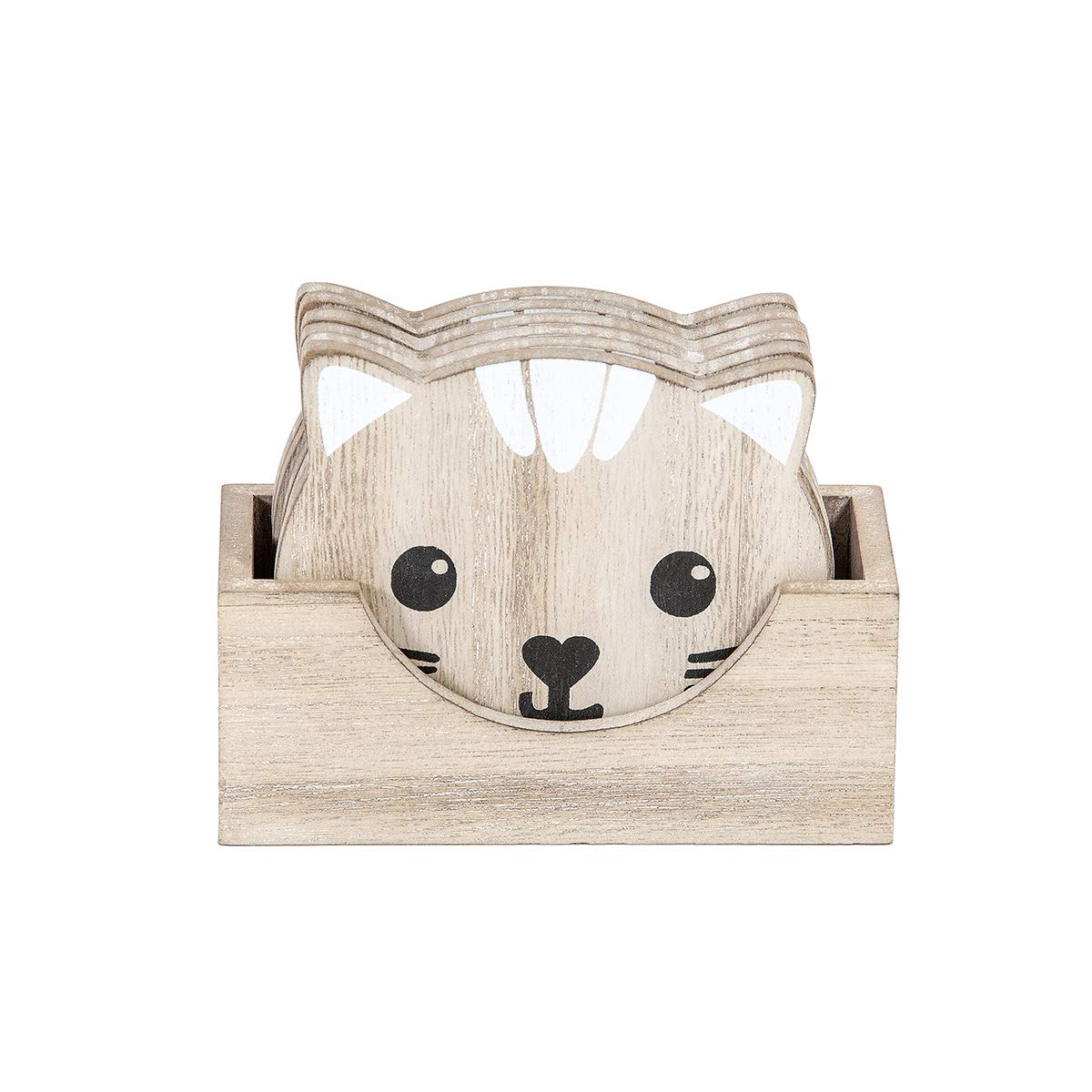 SPOTTED DOG GIFT COMPANY Drink Coasters Set of 6 Wooden Cat Coasters with Holder for Drinks, Cups and Mugs, Cute Themed Home Decor Kitchen Gifts for Cat Lovers Women Men Kids (Natural)
