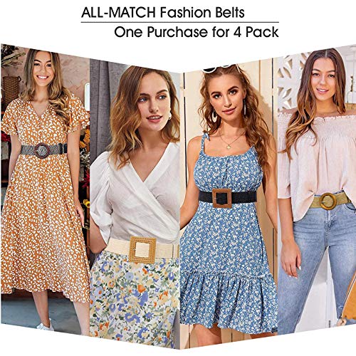 Set of 4 Straw Woven Elastic Stretch Waist Belts for Women, Fashion Boho Ladies Braided Rattan Dress Belt