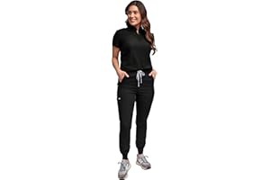 Green Town Women's Mandarin Collar Tuck-In Top and Jogger Pant Medical Nursing Scrub Set GT 4FLEX