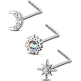 CM Crareesi Mania 3PCS 316L Stainless Steel Nose Rings Pack - 20G Piercing Jewelry L Bend Studs for Women - Moon Ring