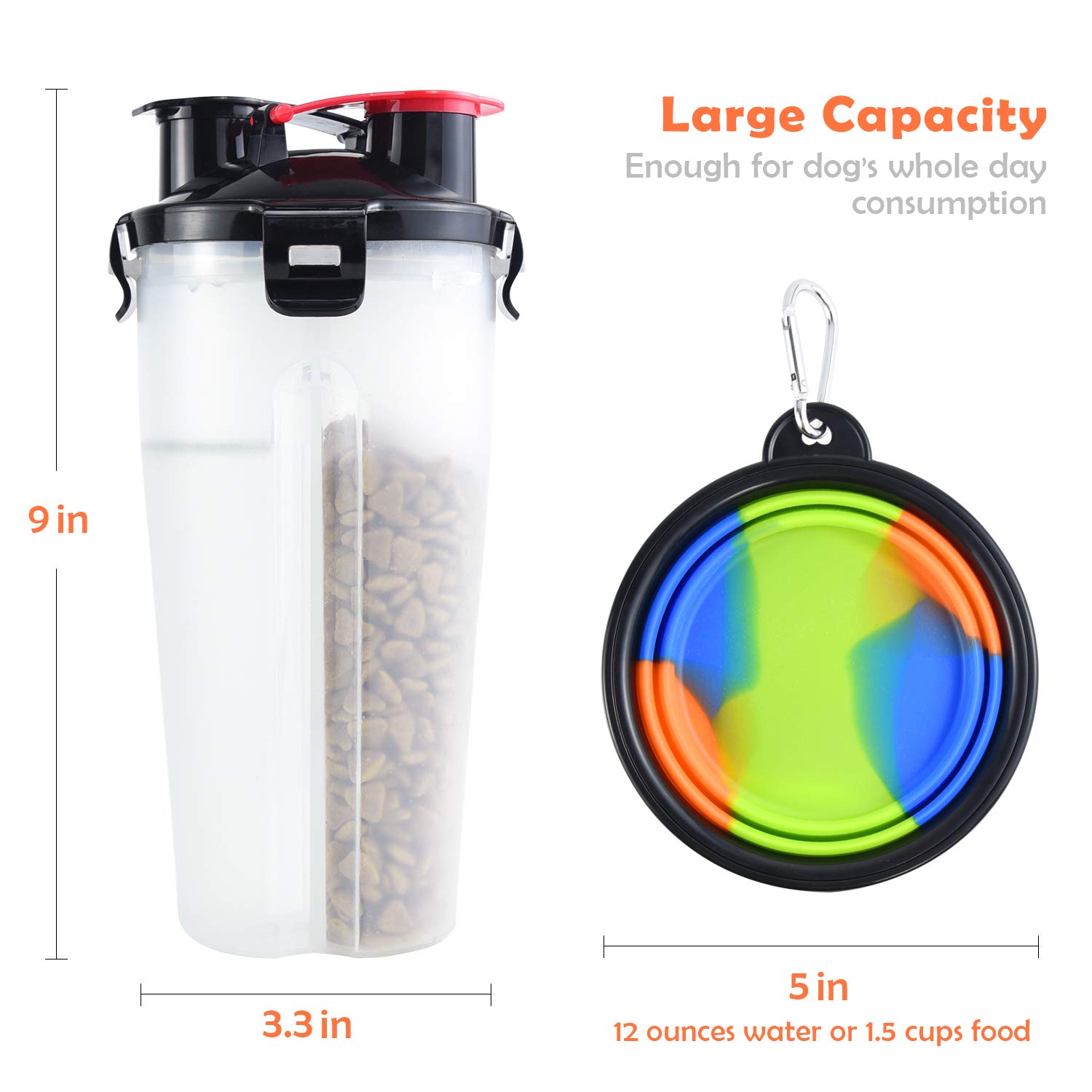 ZukoCert Dog Water Bottle Pet Food Container 2-in-1 with Collapsible Travel Dog Bowls Slow Feeder Outdoor Portable Dog Feeder Drinking Cup