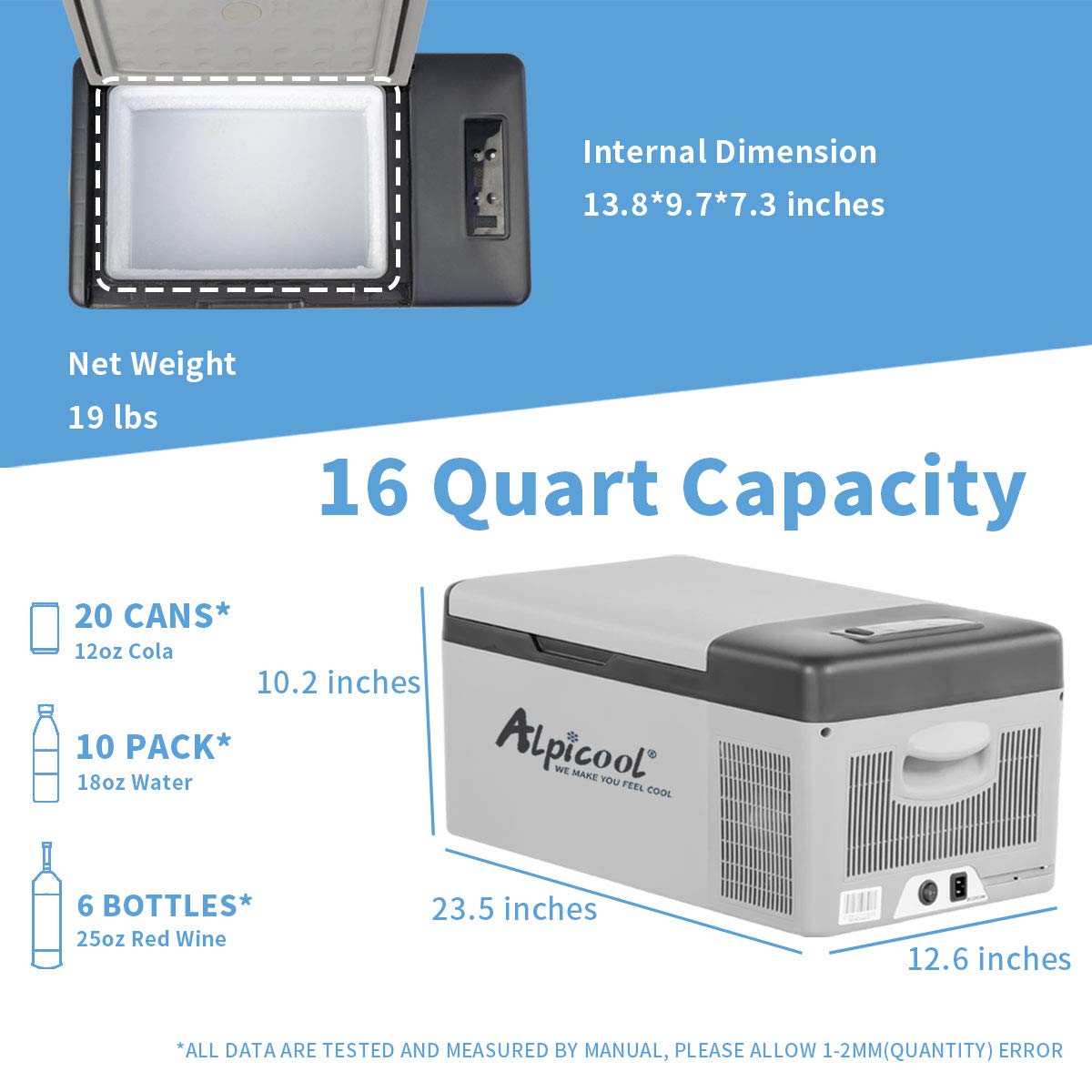 Alpicool C15 Portable Freezer,12 Volt Car Refrigerator, 16 Quart (15 Liter) Fast Cooling 12V Car Fridge -4℉~68℉, Car Cooler, 12/24V DC and 100-240V AC for Outdoor, Camping, RV, Truck, Boat