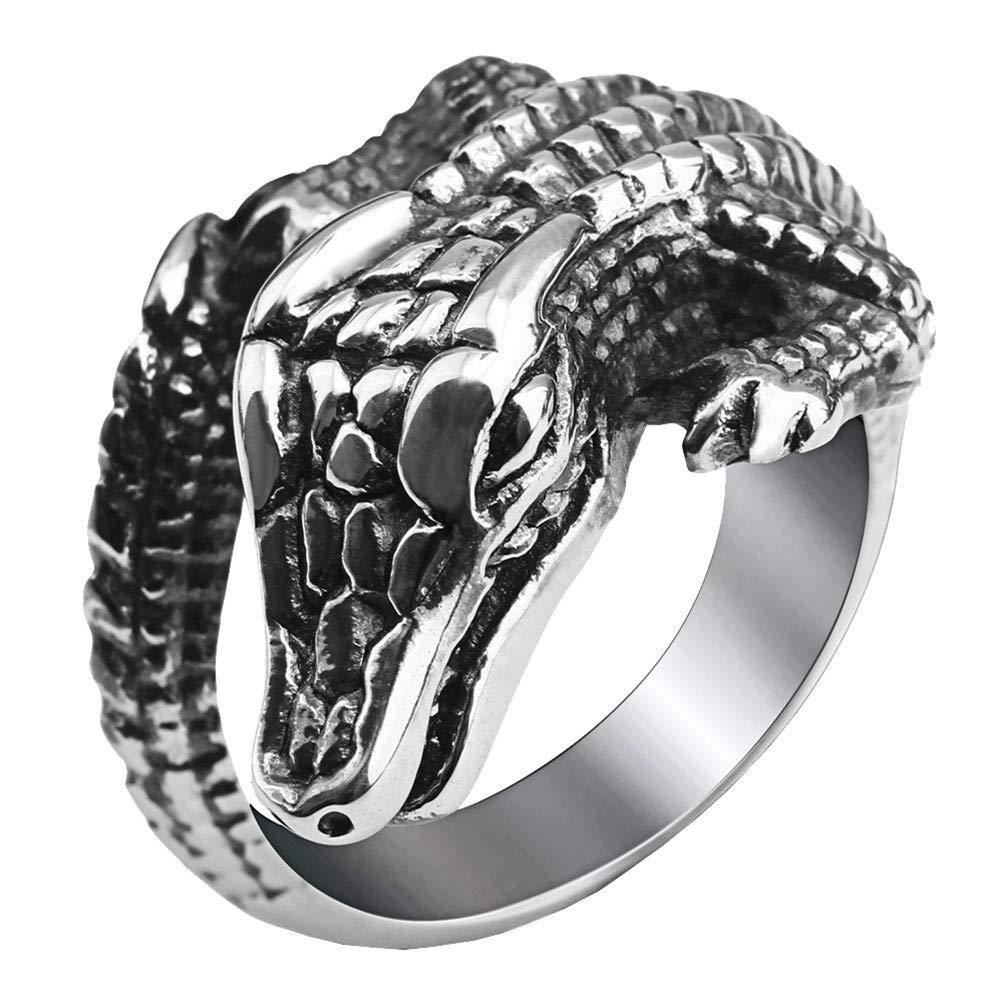 PAMTIERMen's Stainless Steel Creative Domineering Crocodile Shape Biker Ring Silver Black Tone