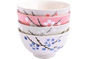 Whitenesser Japanese Rice Bowl Set of 4 Asian Style Hand-painted Floral Plum Ceramic Bowls For Dessert Snack Cereal Soup Sush
