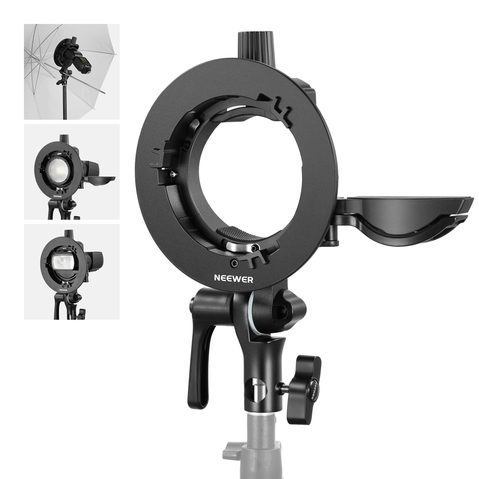 Neewer CRB1 S Type Bracket Holder with Bowens Mount & Umbrella Hole for Z2 Z1 Z760 NW760 NW700 TT560 Q3 Square Head Round Head Flash Speedlite Compatible with Godox AD200Pro V1