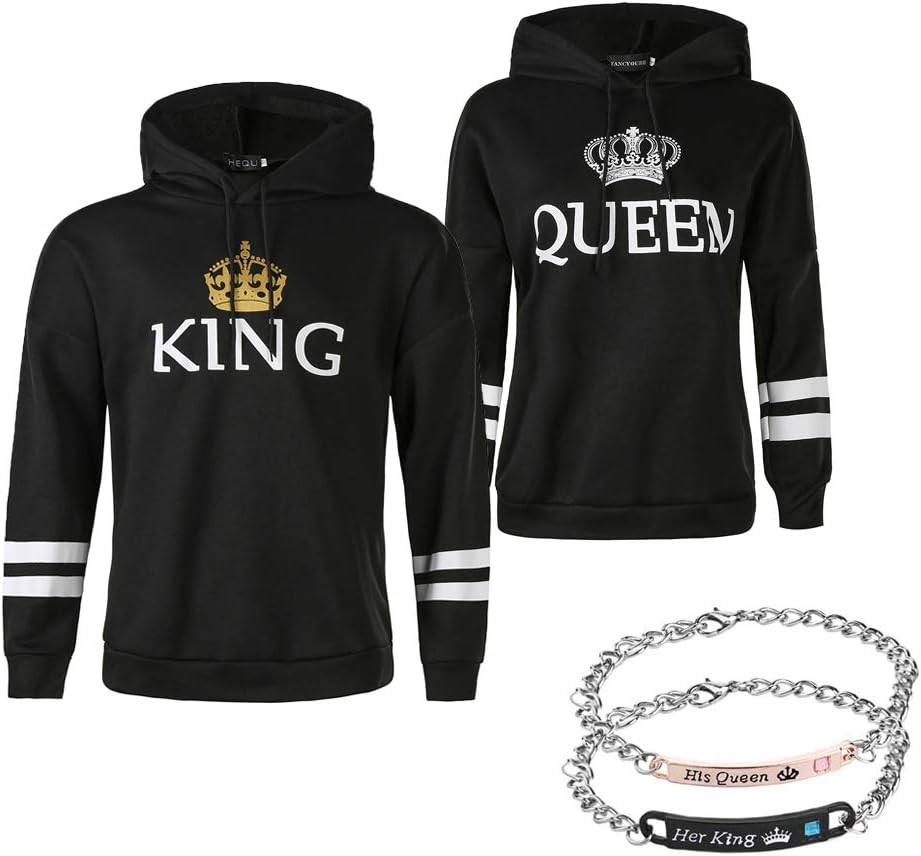 YJQ King Queen Matching Couple Hoodies His and Her Pullover Hoodie Sweatshirts and Bracelets