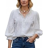 CHERRYBETTY Women's White Textured Floral Embroidery Blouse Ruffled V-Neck 3/4 Puff Sleeve Button-Down Casual Tops