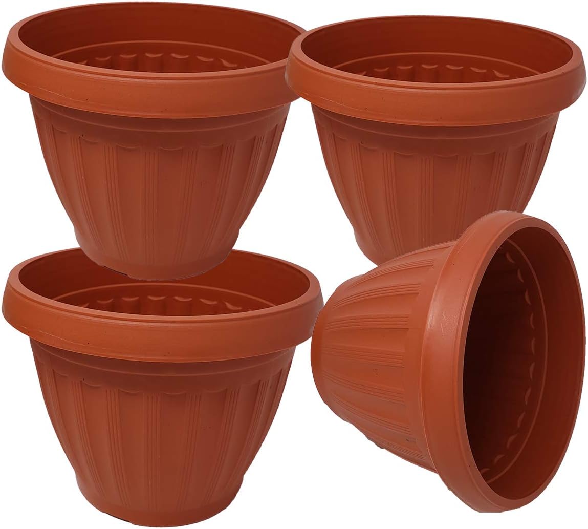 Round Flower Plant Pot | Terracotta Style Plastic (4 Pack) Medium Planter 8.5" x 5" x 6"