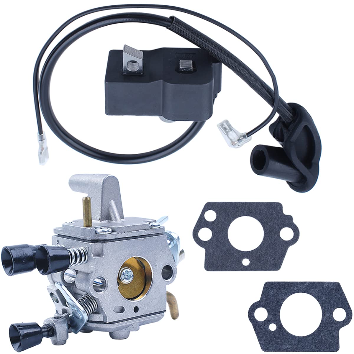 Adefol Carburettor and Ignition Coil for Stihl FS120 FS200 FS250 FS300 FS350 FS380 Trimmer, Carburetor + Ignition Coil Module + Wire + Gaskets Replacement Parts 5 in 1 Carb Kit