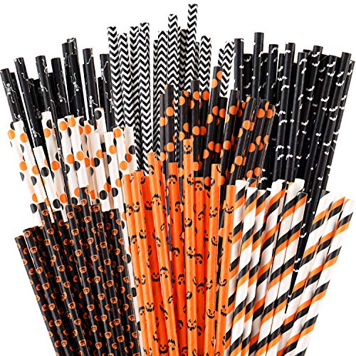 200 Pieces Halloween Paper Straws Pumpkin Bat Spider Web Skeleton Pattern Straws Black Orange Paper Drinking Straws for Halloween Party Supplies (Color Set 1)