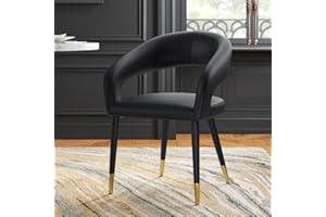 Black Leather Dining Chair with Curved Backrest – Modern Upholstered Accent Chair with Gold Tipped Legs, Mid-Century Modern D