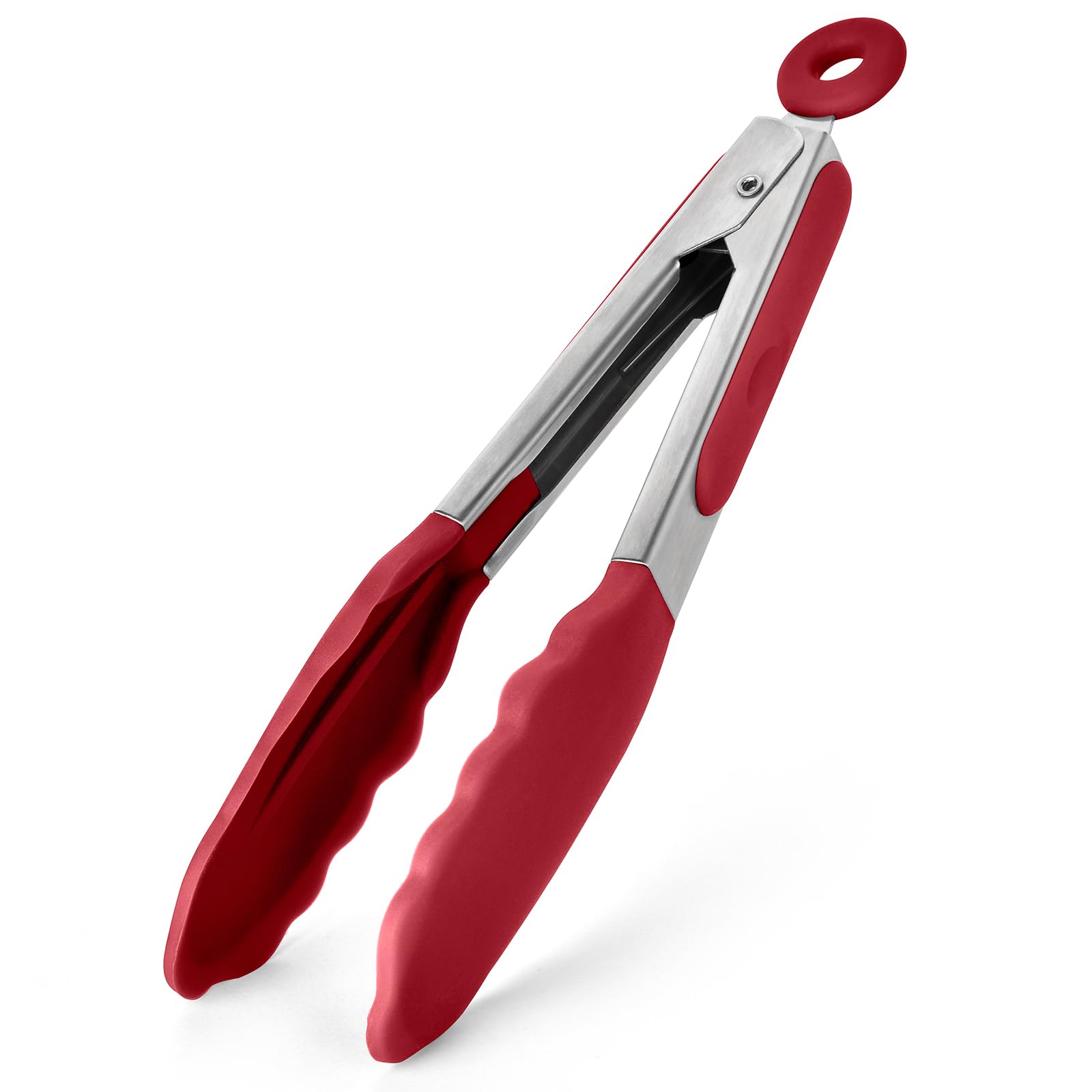 315℃ Heat Resistant Kitchen Tongs: U-Taste 18cm Silicone Cooking Tong with Firm Sealed Non Stick Silicone Tips & Silicone Coated 18/8 Stainless Steel Handle & Smooth Locking for Serving (Red)