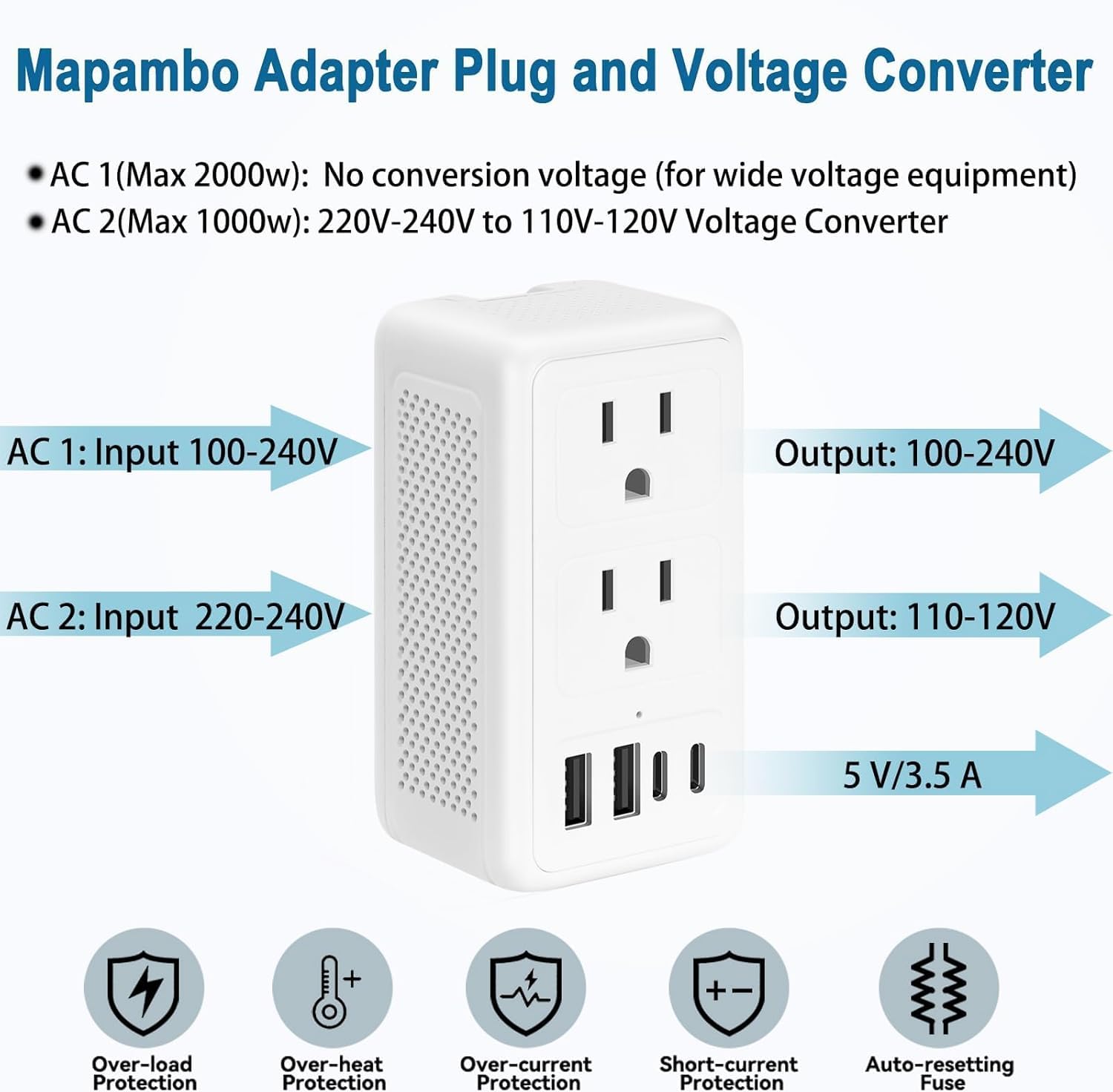 2000W 220V to 110V Voltage Converter US to Europe, Power Converter European Travel Converter for Hair Dryer