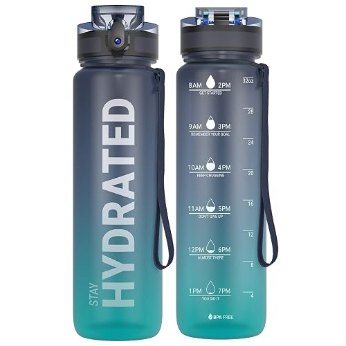 Sahara Sailor Water Bottle, 32oz Motivational Sports Water Bottle with Time Marker - Times to Drink - Tritan, BPA Free, Wide Mouth Leakproof, Fast Flow Technology with Clean Brush (1 Bottle)