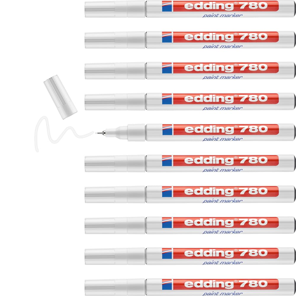 edding 780 paint marker - white - 10 pens - round tip 0.8 mm - paint marker for marking and labelling metal, glass, rocks or plastic - heat-resistant, permanent, smudge-proof and waterproof