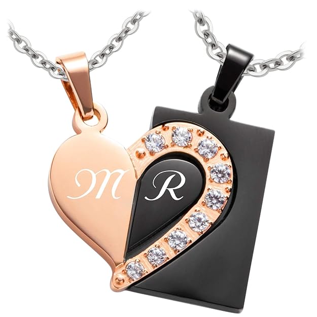 Schmuck-Pur Partner-Ketten mit Laser-Gravur Herz-Anhänger rose/schwarz Kristalle Edelstahl 2 Halsketten 45/50 cm
