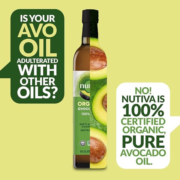 NUTIVA ORGANIC STEAM-REFINED AVOCADO OIL, 100% PURE, 16 FL OZ, USDA ORGANIC, NON GMO, WHOLE 30 APPROVED, KETO, PALEO, HIGH-HEAT OIL WITH NEUTRAL FLAVOR AND AROMA FOR COOKING & FRYING