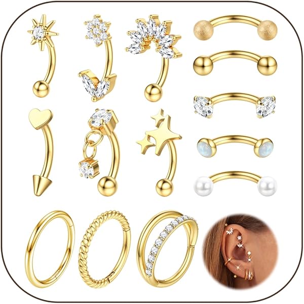 Ubjuliwa 12pcs 16G Rook Piercing Jewelry Set - Stainless Steel Curved Barbells, Eyebrow Rings, Belly Lip Rings, Cartilage Hoops With CZ